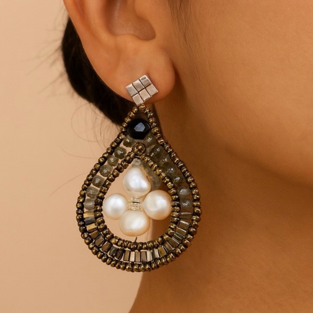 Elegant Pearl and Bead Drop Statement Earrings
